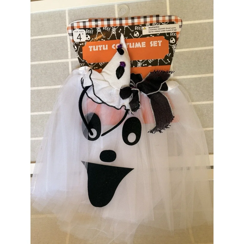 Kids Ghost Costume Tutu - White Black Hat Headband SZ 5+ Halloween Cute Girl